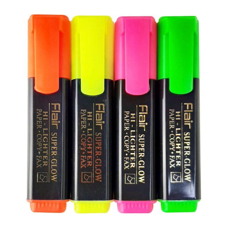 Flair Super Glow Mixed Hi-Lighter set of 4 Pcs Yellow,Pink,Green,Orange