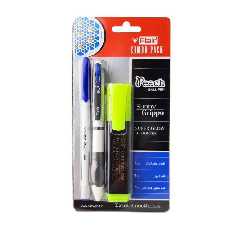 Flair Combo Pack of Peach Ball Pen,Sunny Grippo 4in1 Color Pen and Super Glow Hi-Lighter