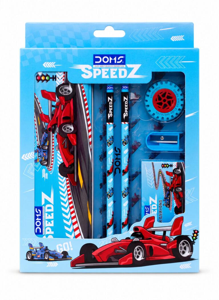 Kids SpeedZ Stationery Kit with Tin Box, 12-Shade Wax Crayons, 2 Pencils, Ruler, Eraser & Sharpener, 1 Set