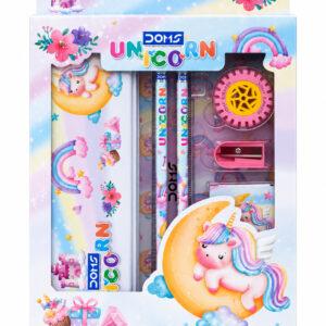 Kids Unicorn Stationery Kit with Tin Box, 12-Shade Wax Crayons, 2 Pencils, Ruler, Eraser & Sharpener, 1 Set