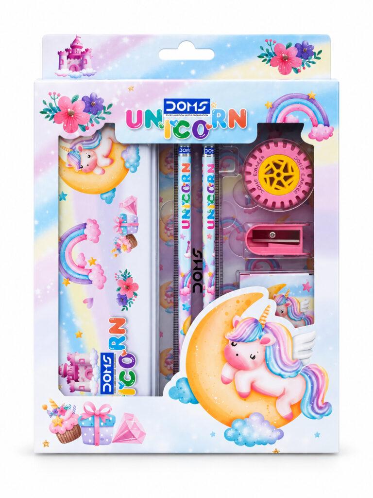 Kids Unicorn Stationery Kit with Tin Box, 12-Shade Wax Crayons, 2 Pencils, Ruler, Eraser & Sharpener, 1 Set
