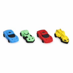 DOMS car-shaped erasers in blue green red and yellow; representative range photo