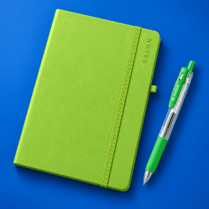 Lime-green notebook with matching green MASCO gel pen on a blue background