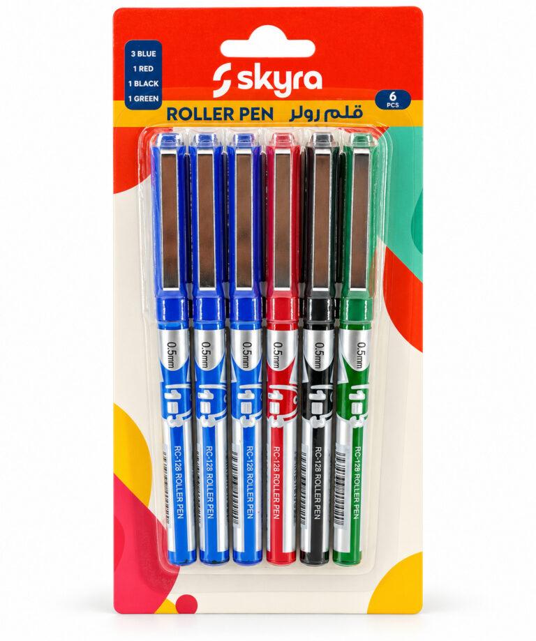 SK32 RC-128 0.5 mm Roller Pens, 3 Blue, 1 Red, 1 Black & 1 Green, Pack of 6