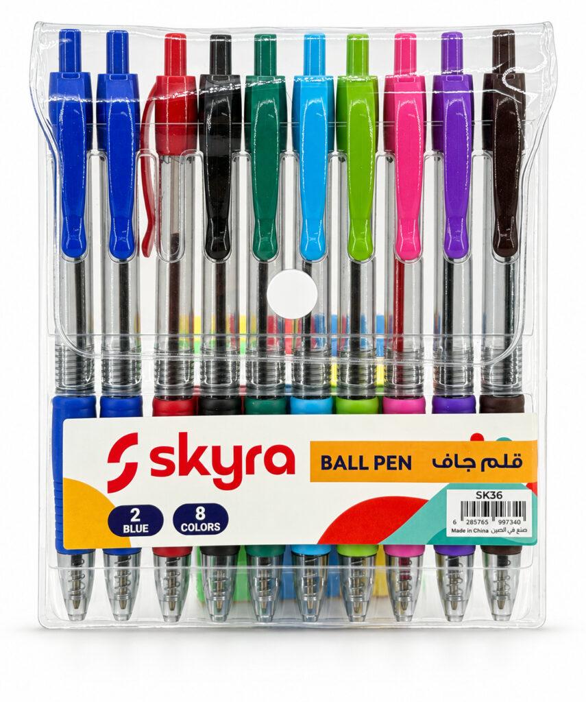 SK36 Retractable Ballpoint Pens with Transparent Barrel & Pocket Clip, Pack of 10