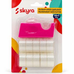 SK46 Transparent Tape Set with Cutter, 10 Rolls + 1 Cutter, Cutter in Assorted Colours