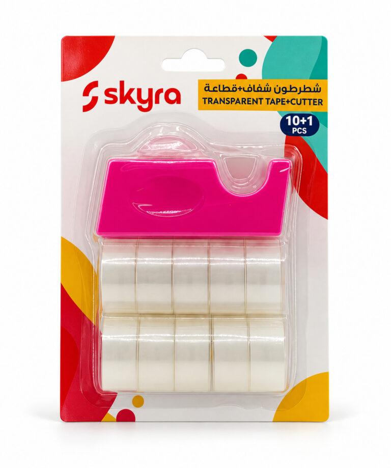 SK46 Transparent Tape Set with Cutter, 10 Rolls + 1 Cutter, Cutter in Assorted Colours