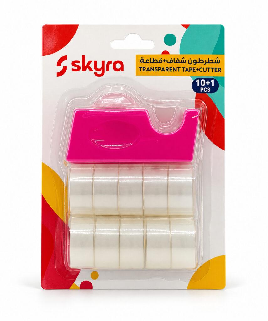 SK46 Transparent Tape Set with Cutter, 10 Rolls + 1 Cutter, Cutter in Assorted Colours