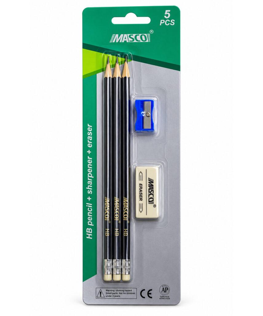 HB Graphite Pencil Set with Eraser & Sharpener, 5 Pieces