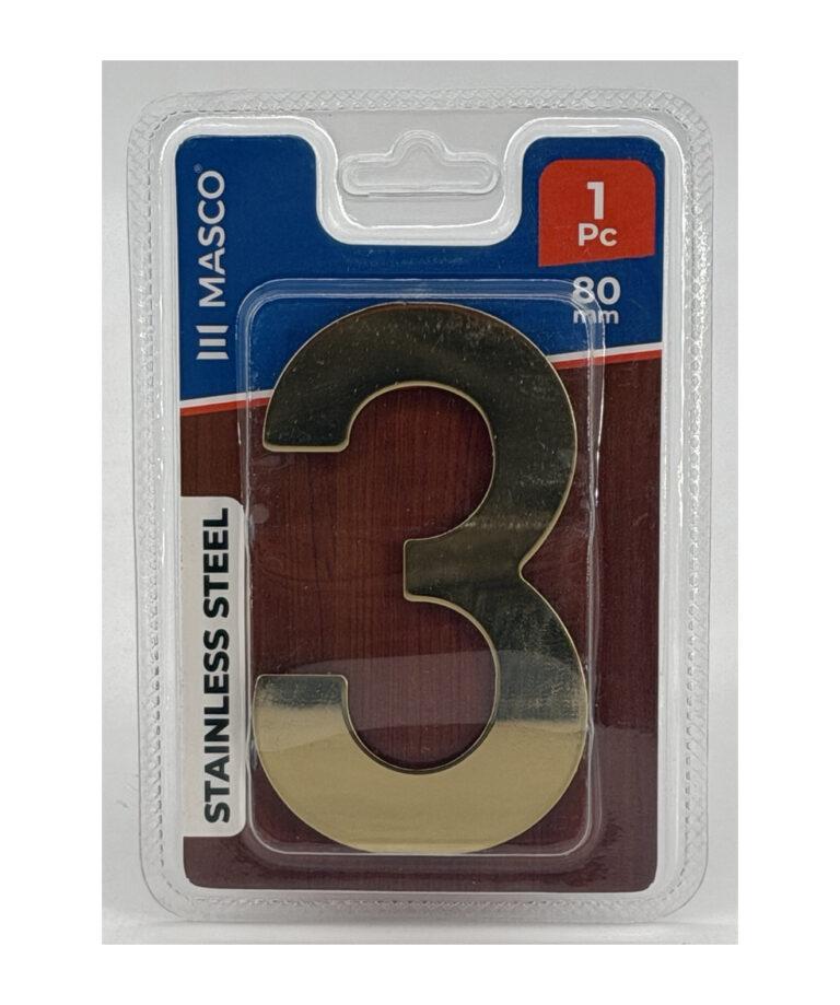 Stainless Steel Door Number 3, 80 mm, 1 Piece, Gold