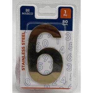 Stainless Steel Door Number 6, 80 mm, 1 Piece, Gold