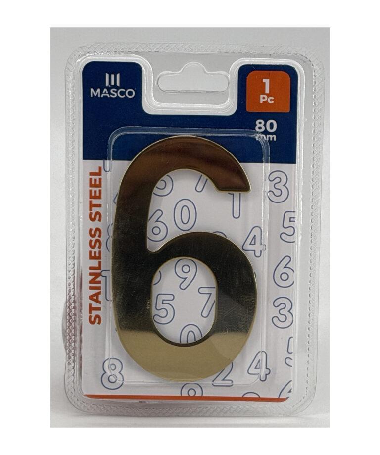 Stainless Steel Door Number 6, 80 mm, 1 Piece, Gold