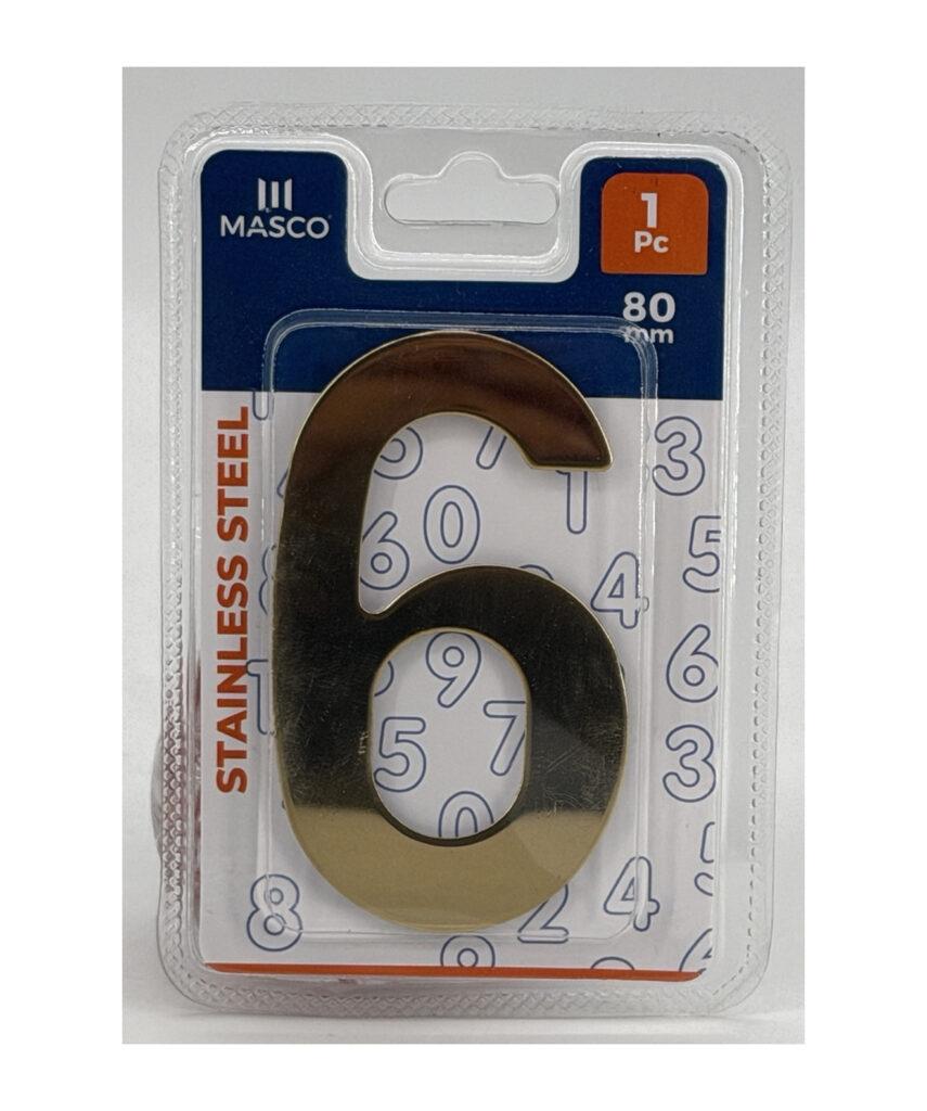 Stainless Steel Door Number 6, 80 mm, 1 Piece, Gold